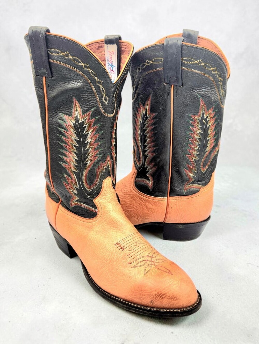 Tony Lama Pecan Taurus Shoulder Cowboy Boots Two Tone 12.5 D Embroidered USA